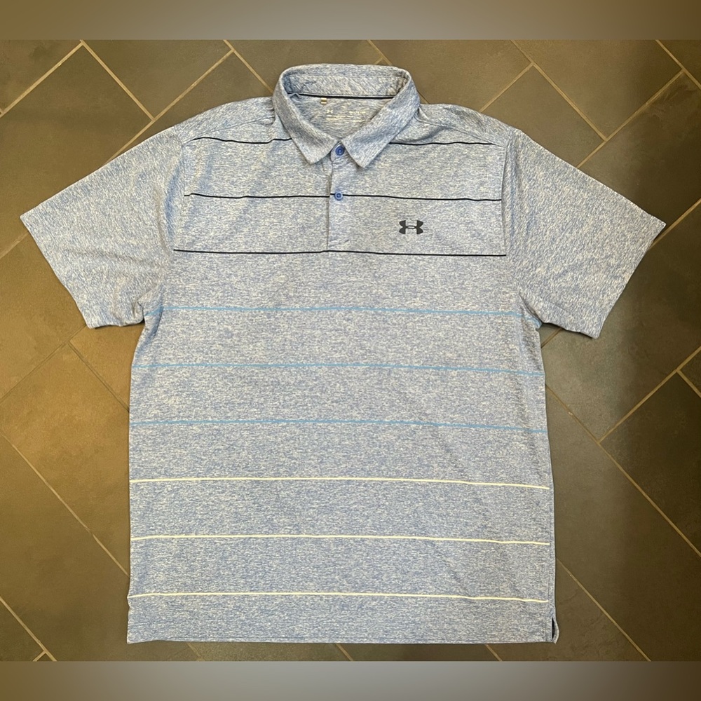 Under Armour, Loose Fit, Heat Gear. Size XL. Heathered blue with stripes. EUC